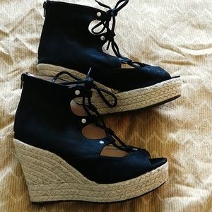 Black wedge lace up sandals